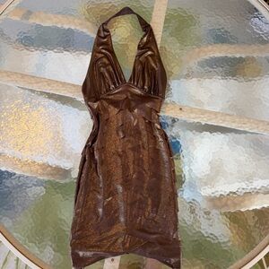 Bronze bee halter mini dress